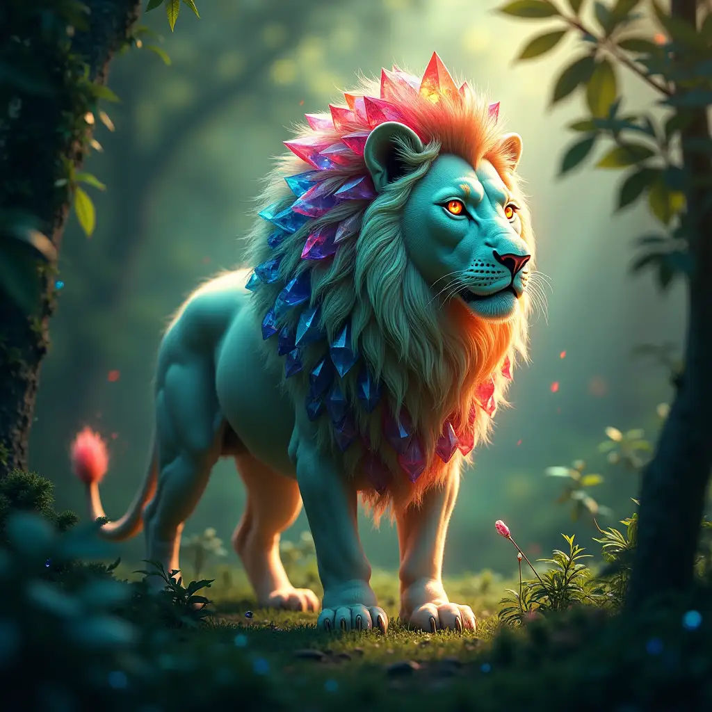 Create a high-quality, photorealistic image of a fusion creature that combines the majestic features of a lion with the crystalline elegance of a gemstone. The lion’s mane is made of shimmering gem-like structures, reflecting vibrant colors of emerald greens, deep blues, and fiery reds as if each strand is carved from precious stones. Its fur has a slight crystalline texture, with facets catching the light, giving it a mystical glow. The eyes are deep and radiant, sparkling like rare jewels. Surround the lion in a mystical landscape with soft, ethereal lighting that enhances the shimmering quality of its gemstone features. The background is an enchanted forest with dappled light filtering through dense leaves, casting a magical aura around the gem-lion fusion, highlighting its powerful and regal presence in nature.