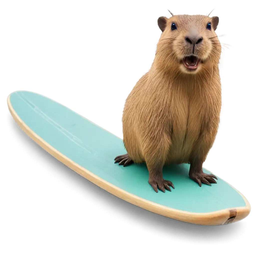 Laughing capybara on a surfboard