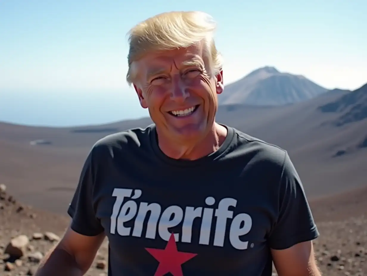 A man identical to Donald Trump at El Teide with a Tenerife t-shirt