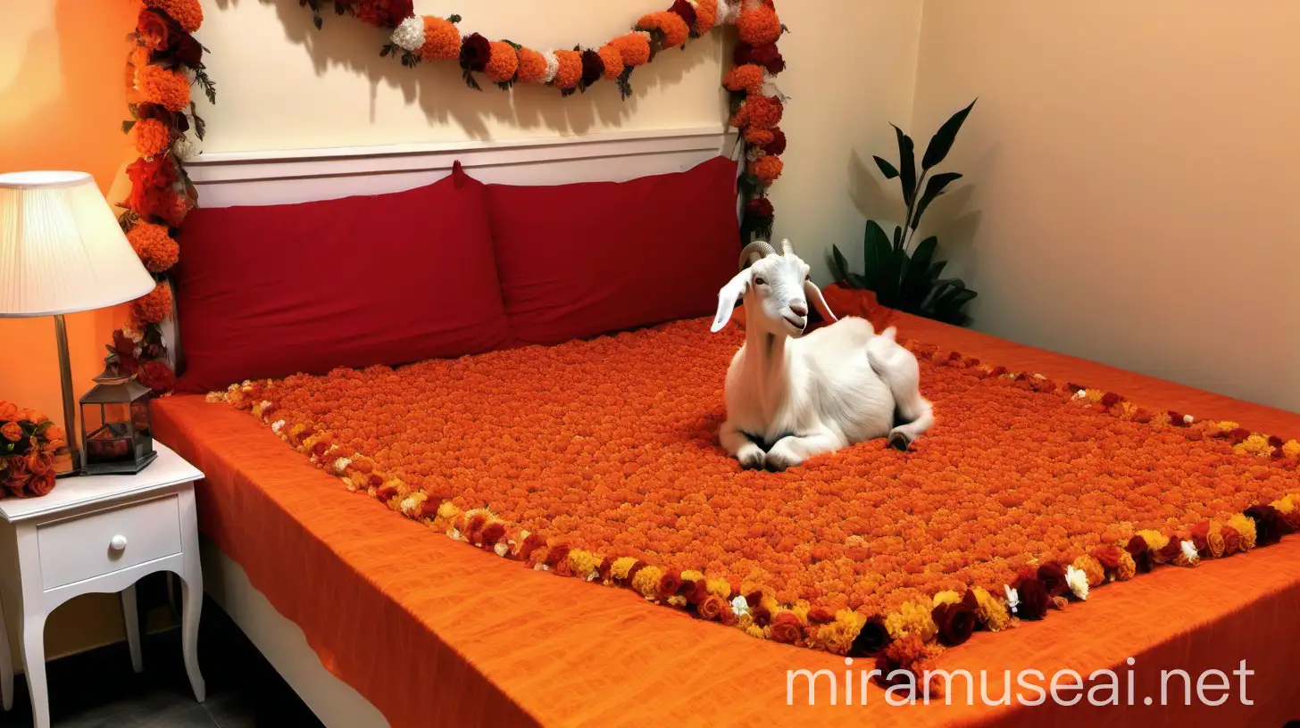 Goat Sitting on Decorated Bed with Flowers and Red Powder