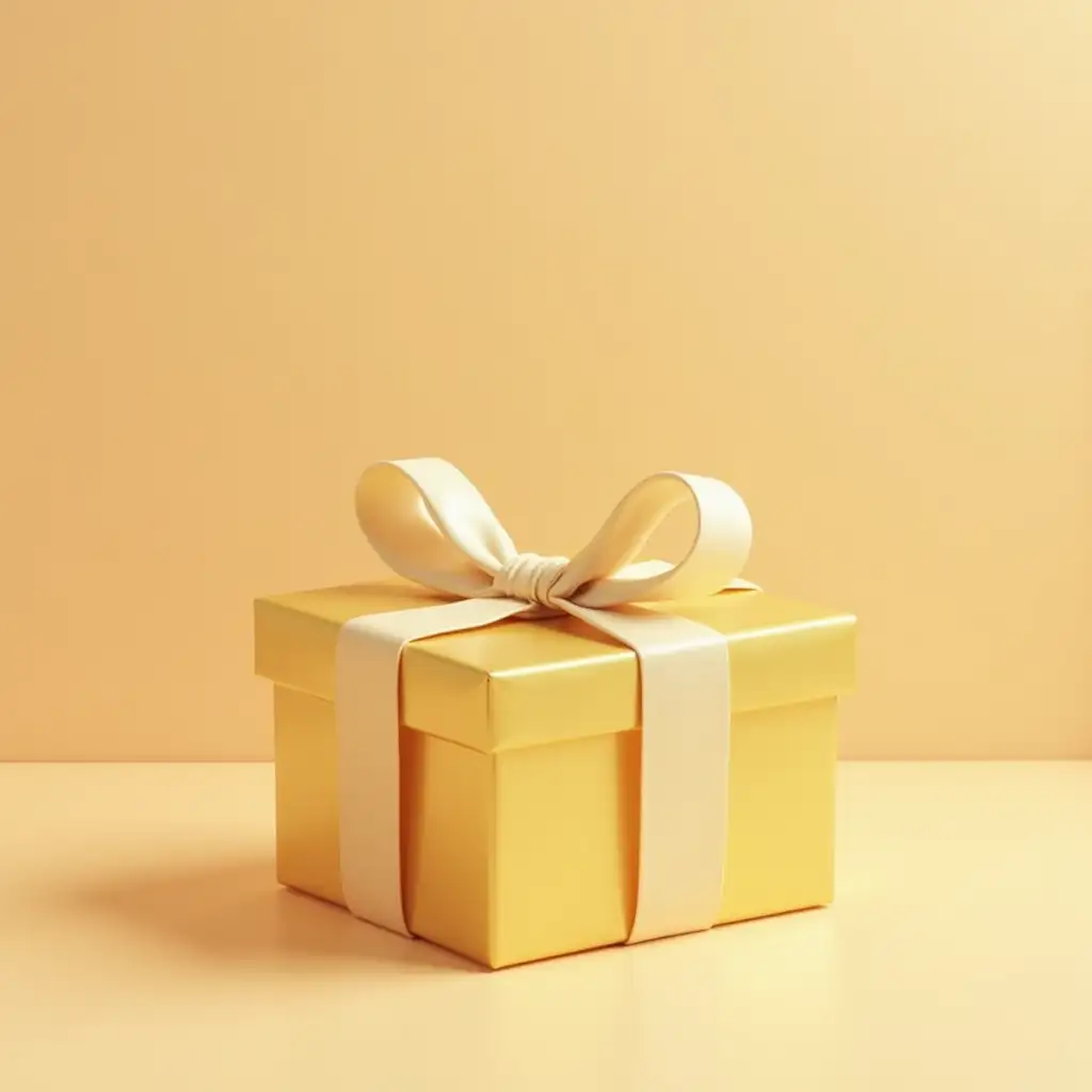 Create a 3D image of a plain golden gift box that exudes elegance and simplicity. The box should have a smooth, matte or glossy finish, showcasing a warm golden hue that reflects light subtly. Consider adding a delicate ribbon in a soft neutral color, like cream or white, wrapped around the box to enhance its presentation without overshadowing its simplicity. Use soft, natural lighting to highlight the contours of the box and create a warm, inviting atmosphere. The overall composition should convey a sense of luxury and understated elegance, perfect for any gift-giving occasion.