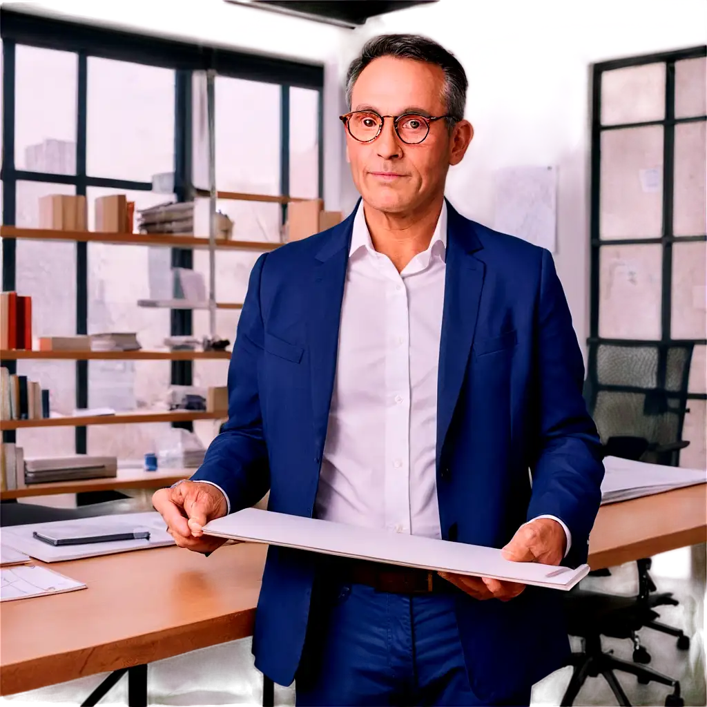 A middle-aged male architect standing confidently at a worktable in a modern, open-plan office. He has a thoughtful expression, wearing round glasses, and is dressed in a casual yet professional outfit—dark jeans, a white dress shirt, and a navy blazer. The workspace is filled with architectural blueprints, drafting tools, and models of buildings. Large windows flood the room with natural light, casting soft shadows. The architect’s hand rests on a rolled-up blueprint, indicating his attention to detail and creativity. Behind him, shelves are stacked with architecture books and materials.