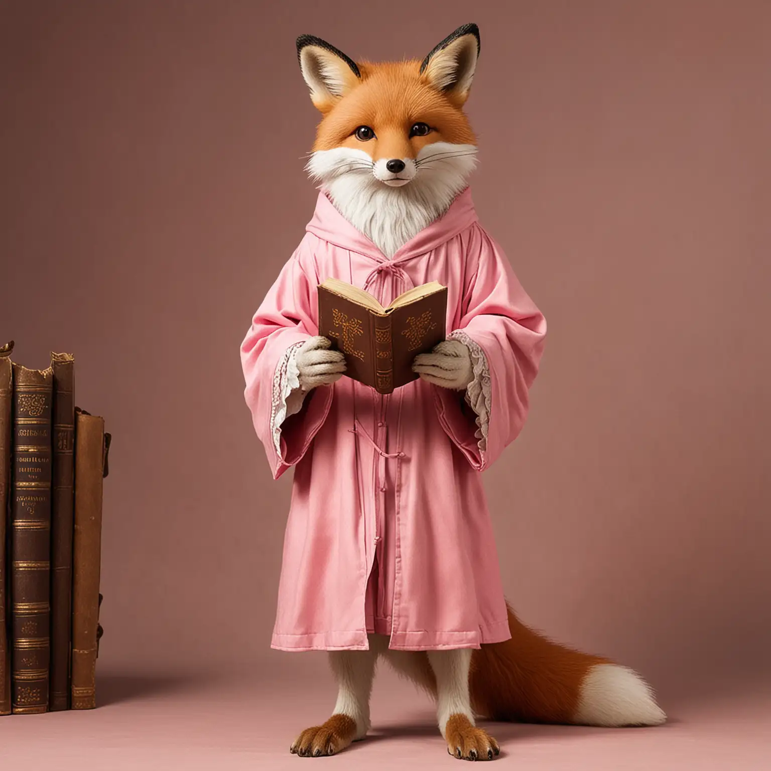 Cute Fox Scholar Holding a Large Book in Medieval Pink Robe