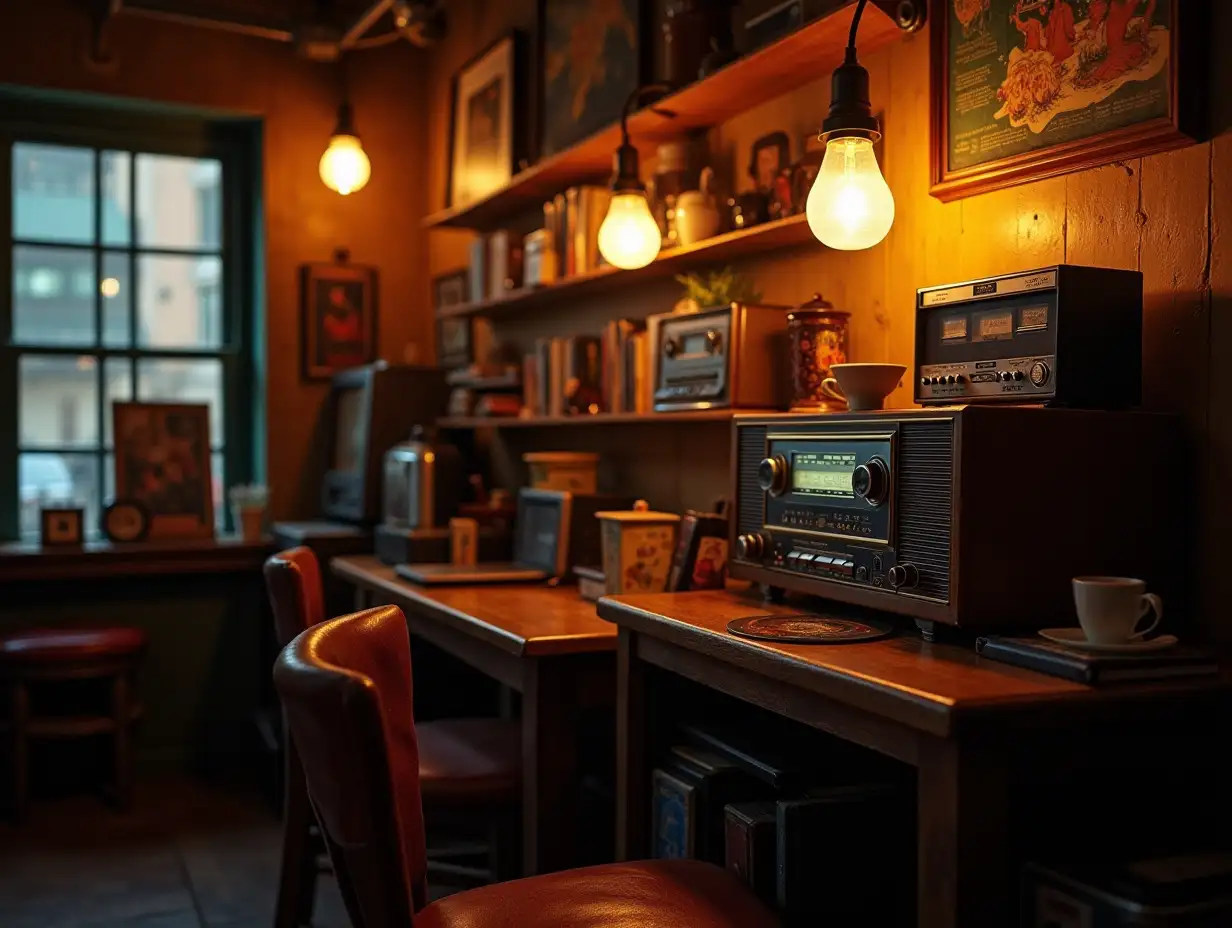 a vintage coffee shop with dim light, an old radio, vinyl records, retro video players, cassettes