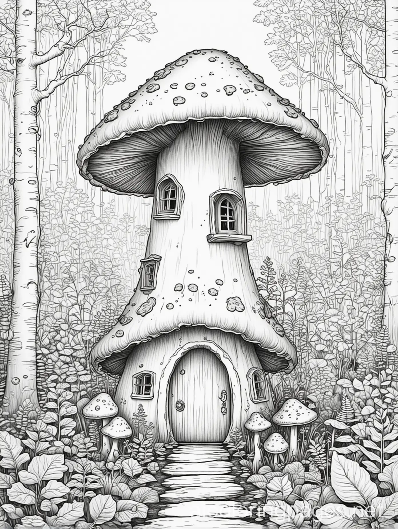 A mushroom house in a forest, Coloring Page, black and white, line art, white background, Simplicity, Ample White Space. The background of the coloring page is plain white to make it easy for young children to color within the lines. The outlines of all the subjects are easy to distinguish, making it simple for kids to color without too much difficulty