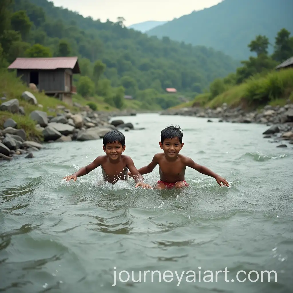 Children-Swimming-in-a-River-with-Village-Background