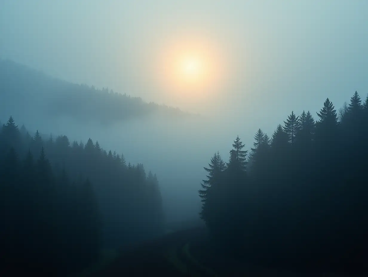 Amazing mystical rising fog forest trees firs landscape in black forest (Schwarzwald) Germany panorama banner view - dark mood