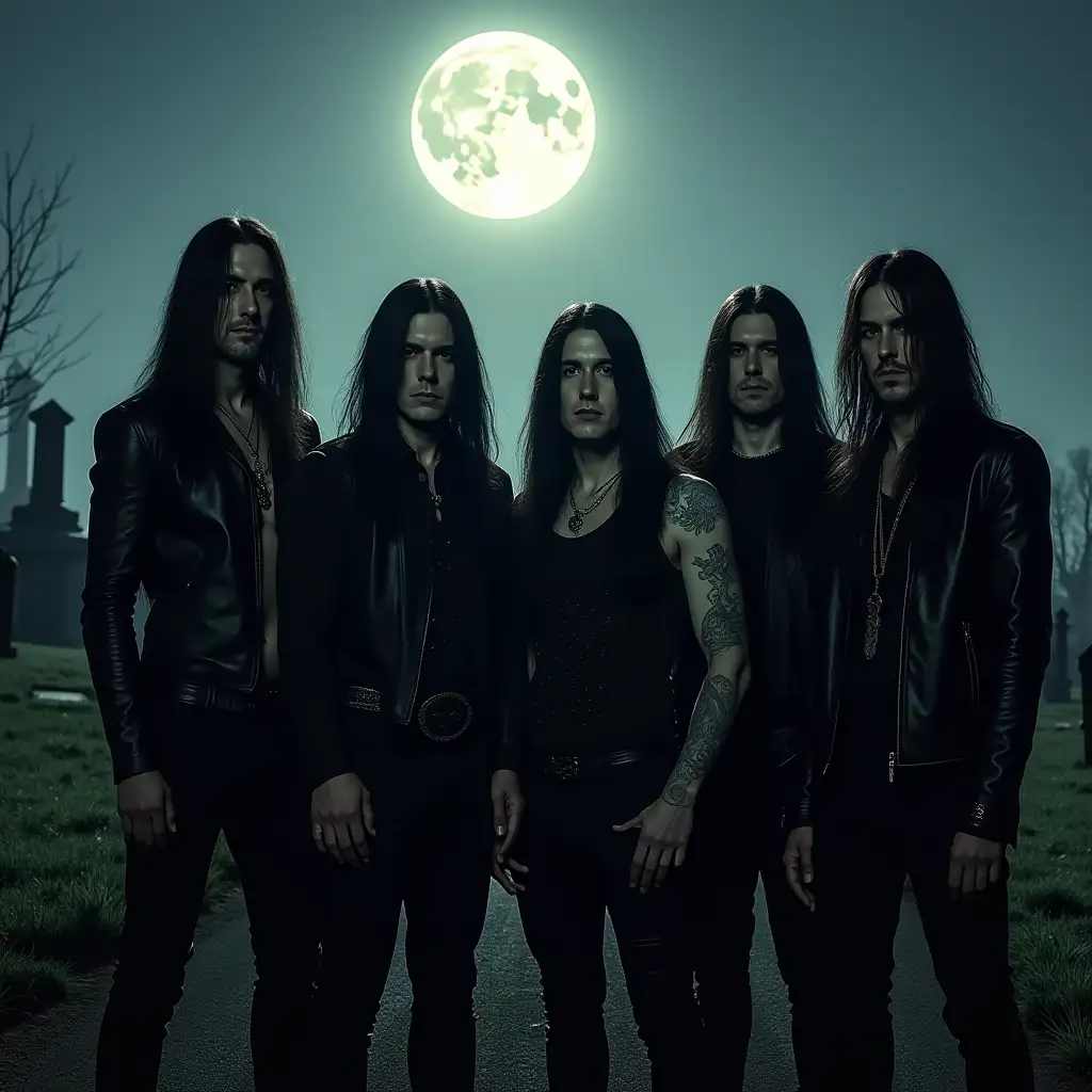 gothic metal band, all male, long black hair, gothic clothes, a full moon above, cemetery in background,