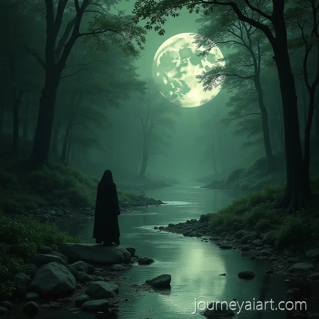 Mystical-Gothic-Angel-and-Demon-by-Moonlit-Forest-River-in-Green-Silver-Black-and-White