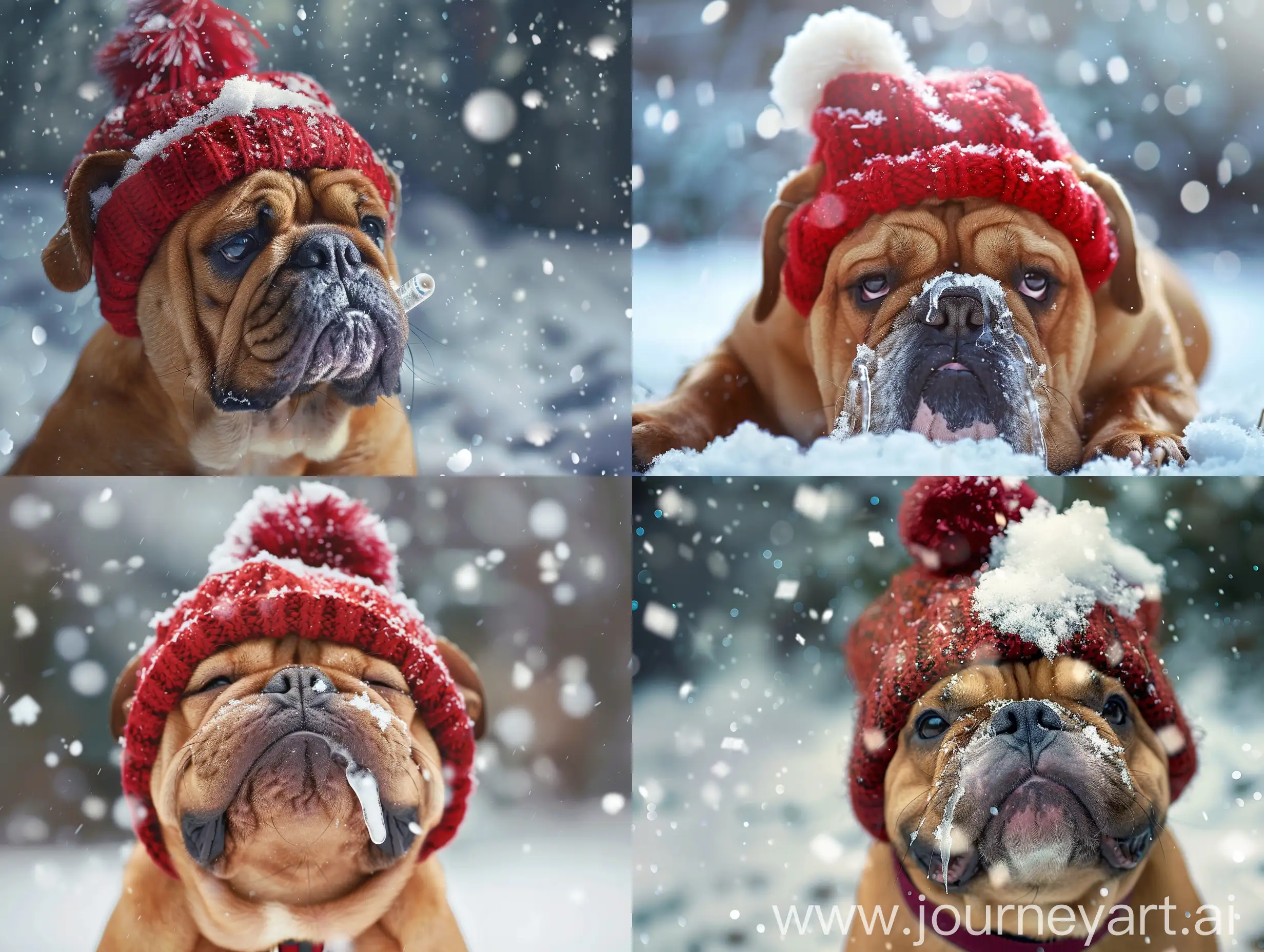 Cheerful-Brown-Bulldog-with-Red-Hat-and-Icicle-Nose-in-Snowy-Landscape