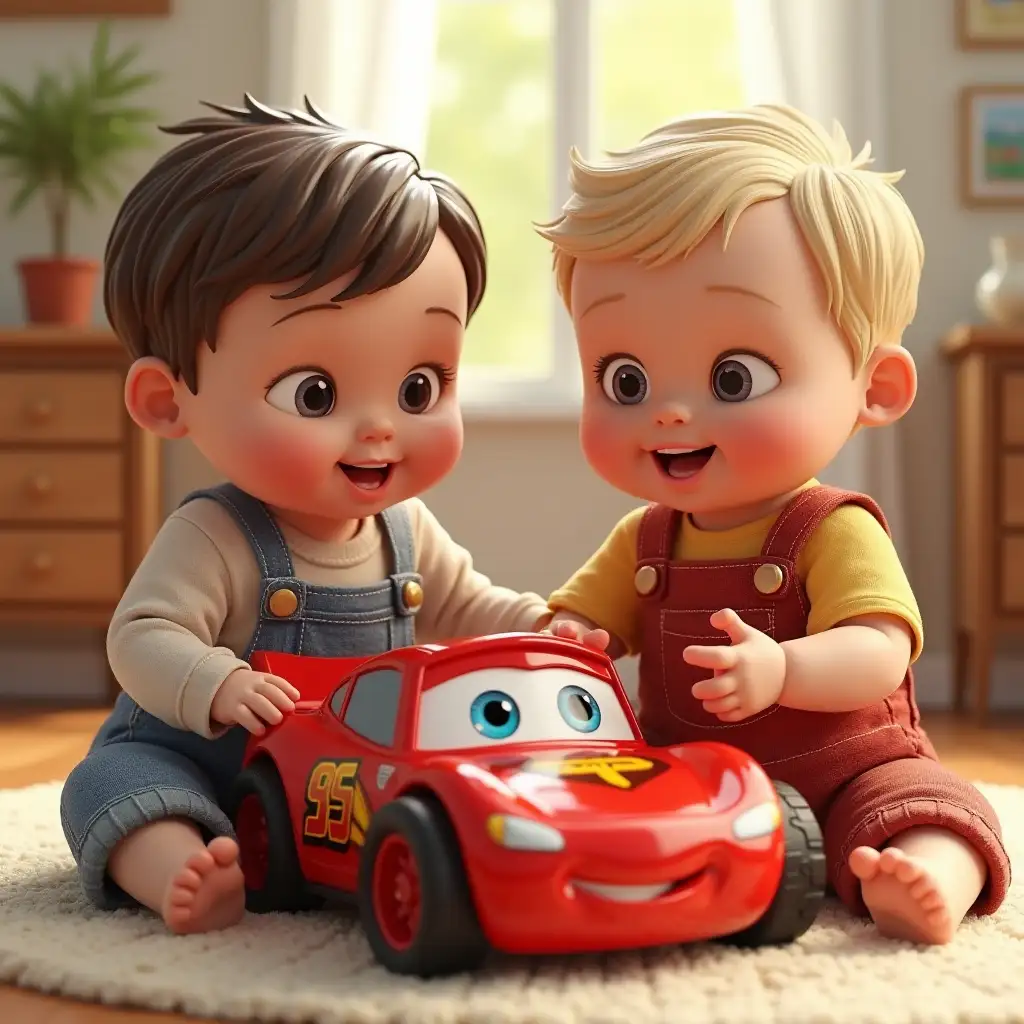 2 babies playing wih cars 3d creation wearing romper