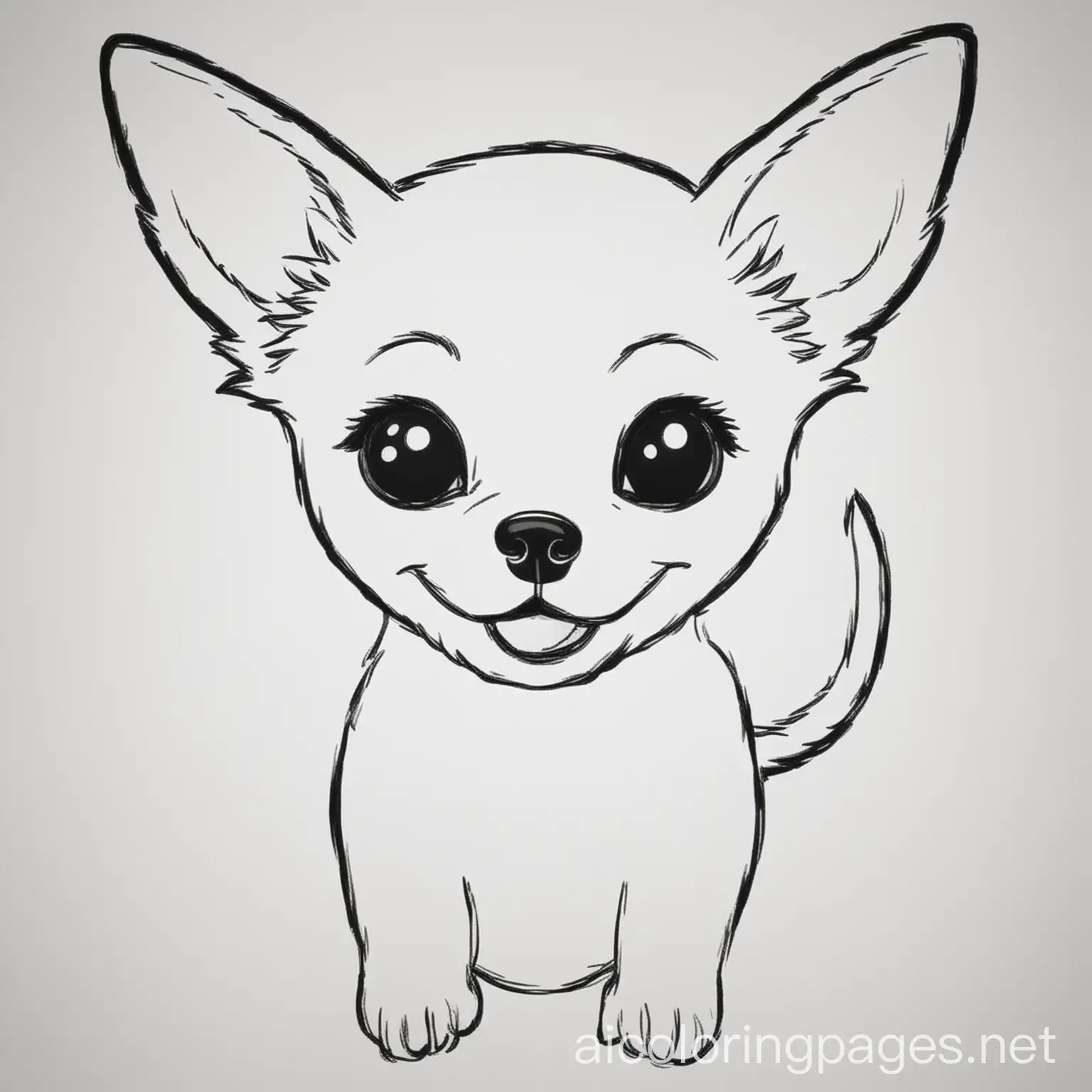 smiling chihuahua coloring page, Coloring Page, black and white, line art, white background, Simplicity, Ample White Space. The background of the coloring page is plain white to make it easy for young children to color within the lines. The outlines of all the subjects are easy to distinguish, making it simple for kids to color without too much difficulty