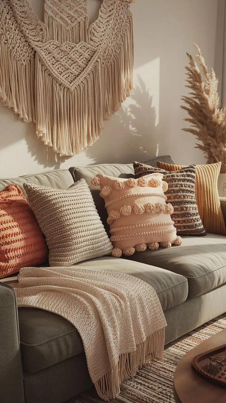 Boho-Crochet-Throw-Pillows-with-Macrame-Wall-Hanging-in-Cozy-Living-Room