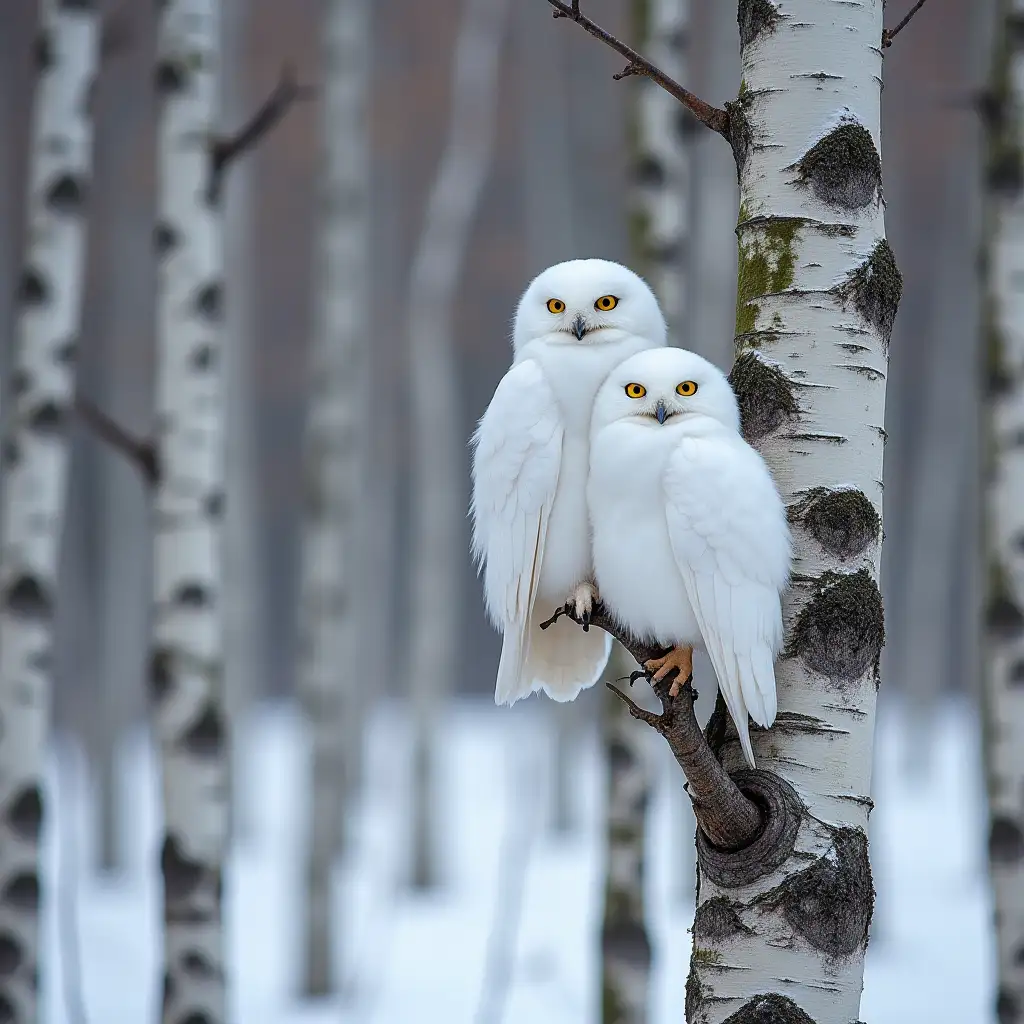 winter birch grove in close-up, on the left there is a birch trunk, on which sit two white owls