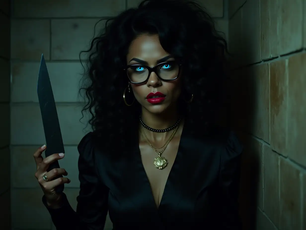 glowing blue eyes, sultry, mean, stern, black woman, black burial gown, red lipstick, black big hair, glasses, necklace, holding a knife, in a dungeon.