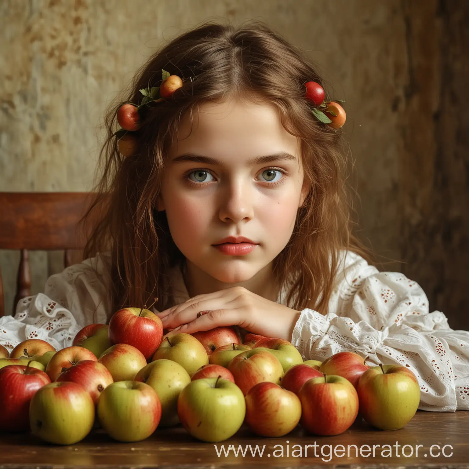 In close-up - Portrait of a young girl looking at the table with apples. A beautiful girl with expressive eyes looks at the table where seven juicy apples lie . Gustav Klimt style