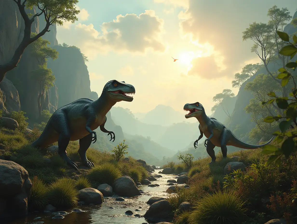 On an alien planet with foreign plants with dinosaurs in a 4K resolution