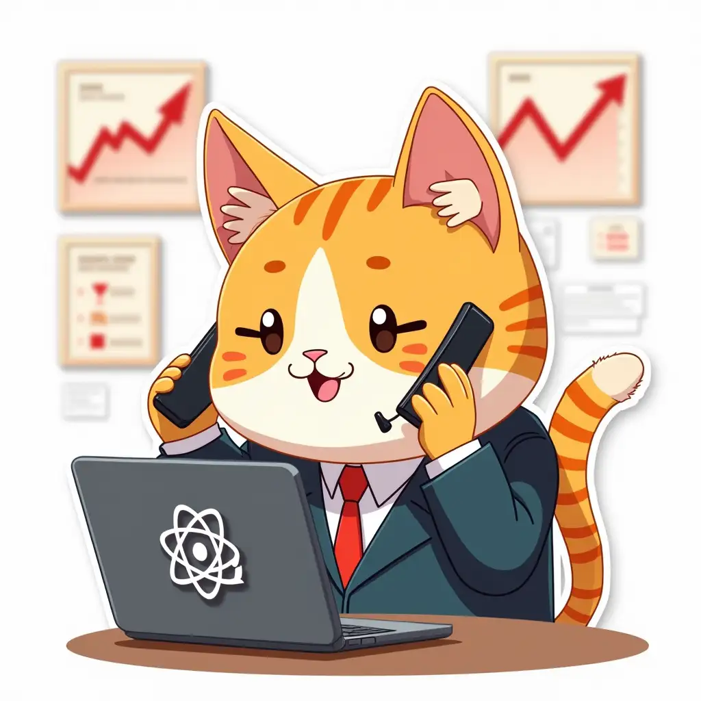 funny 2D cat in the image of a office worker  within a business suit, he talks on two cell phones in front of a laptop with an atom symbol on the lid, behind him posters with stock ratings and a growing red trend line, paint in anime style, manga 2D characters, die cut sticker design top-view, high resolution, vector art, white background, paint in anime style