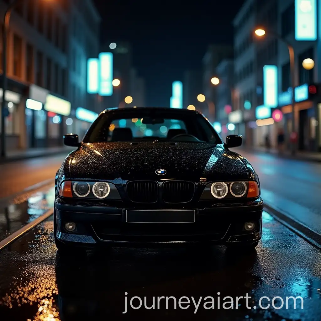 Black-BMW-E39-on-NeonLitAI-Image-Prompt-Expansion-City-Street-at-Night-with-Water-Droplets-and-Cinematic-Lighting