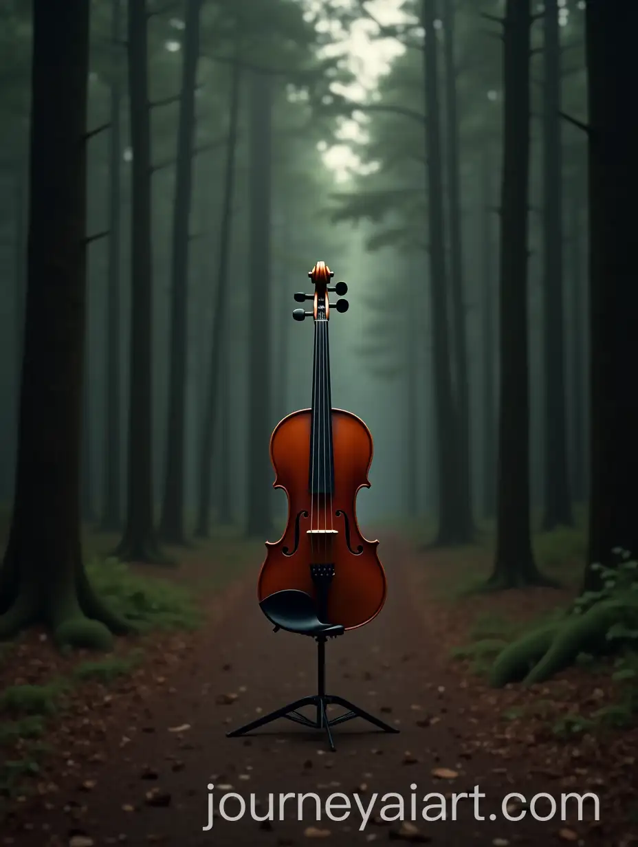 Violin-on-Stand-in-Dark-Forest-with-Blurry-Background-UltraRealistic-Style
