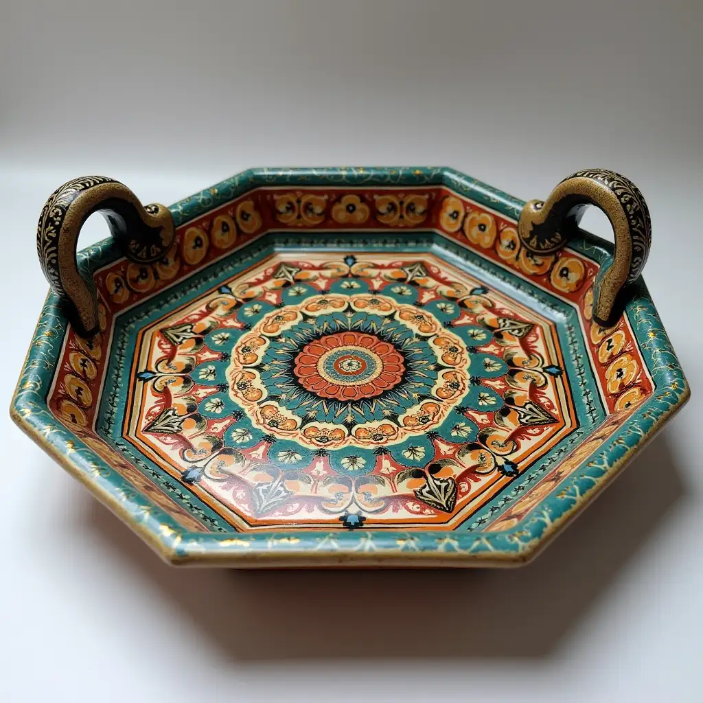 Octagonal with rounded corners ceramic serving dish with embossed beautiful handle, Fine art, Hyper detailed, Antique and old, Qajar art, Iranian Tabriz carpet design