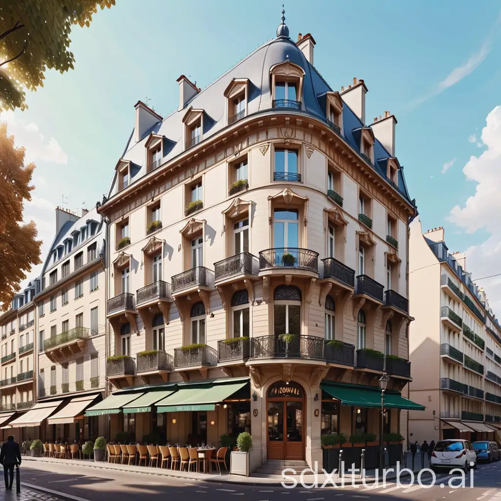 Art-Nouveau-Drawing-of-a-19th-Century-French-Building-with-Restaurant-and-Apartments