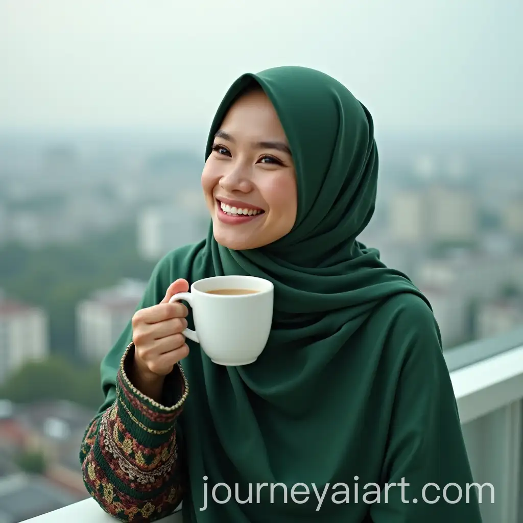 Sundanese-Woman-Enjoying-Coffee-on-a-Tall-Building-with-TosAI-Image-Prompt-Expansionca-Green-Pashmina