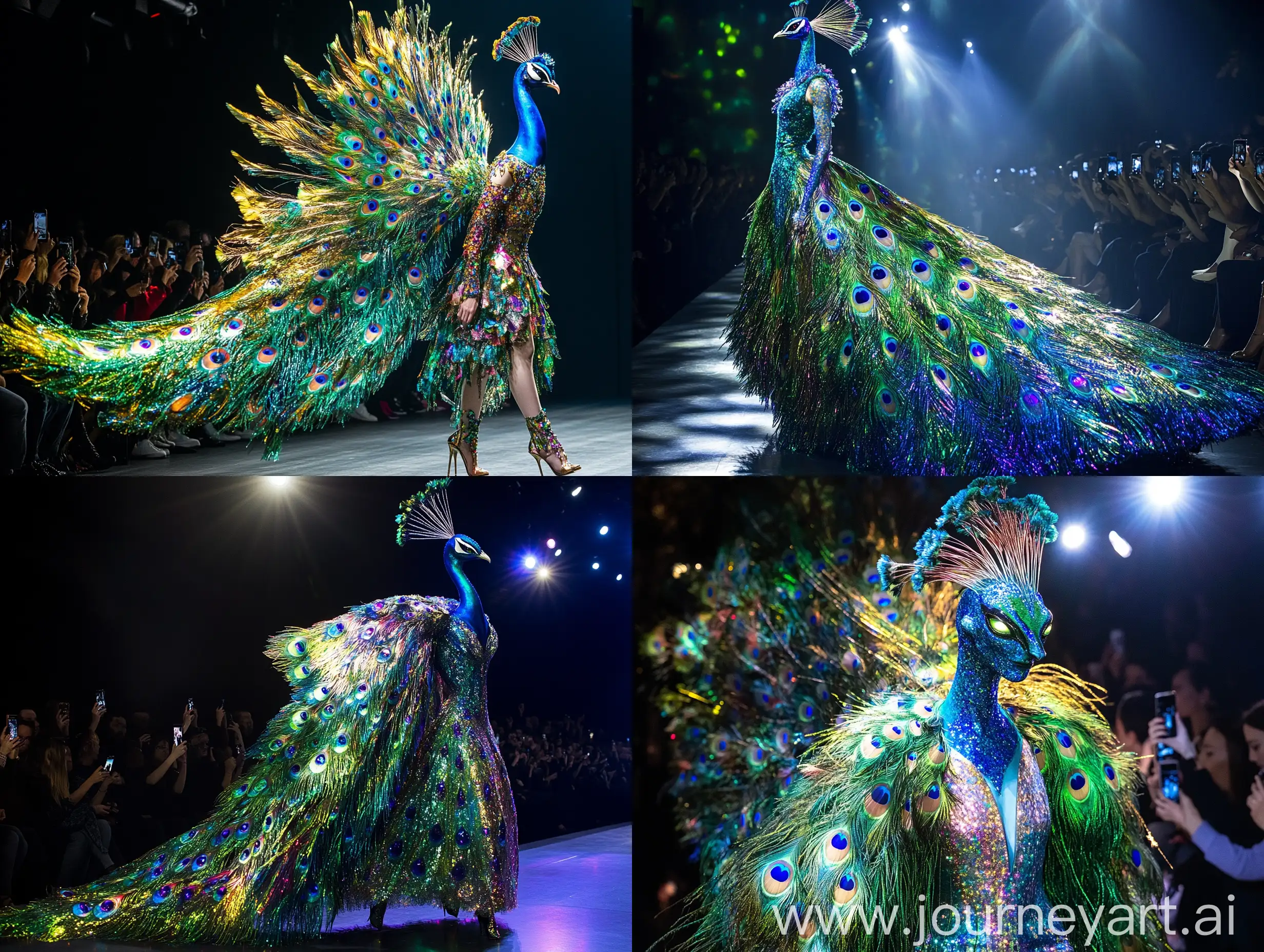 Extraterrestrial-Peacock-Alien-on-Catwalk-with-Rainbow-Feathers