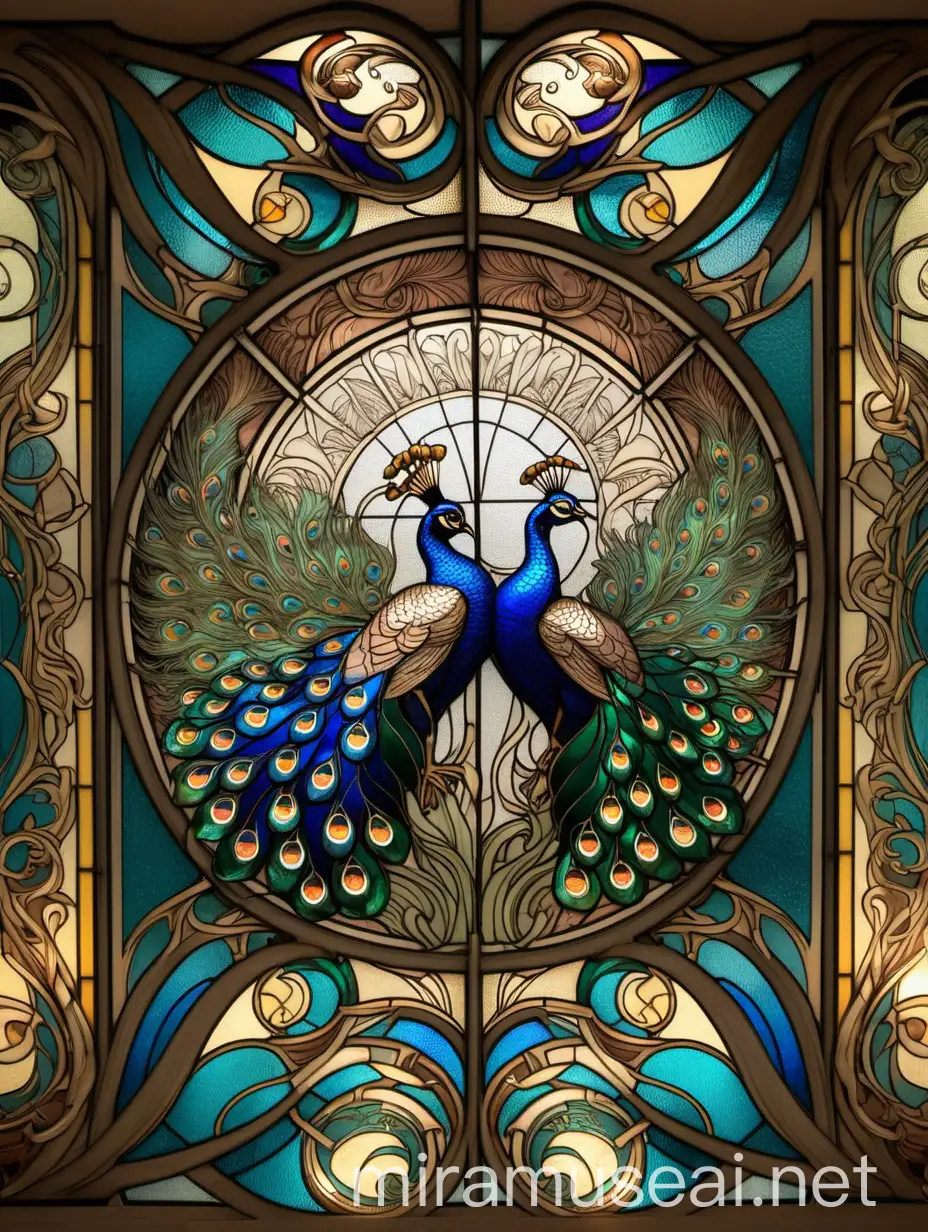 Art Nouveau Stained Glass Ceiling with Peacock and Swirl Patterns