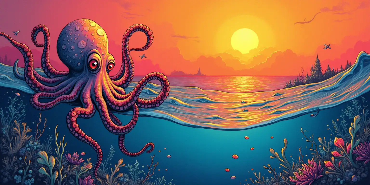 surreal line drawing in the style of salvador dali in a gradients of natural colors small, happy octopus on one side of the image and 30% size of total height of the image in a colorful undersea at sunset