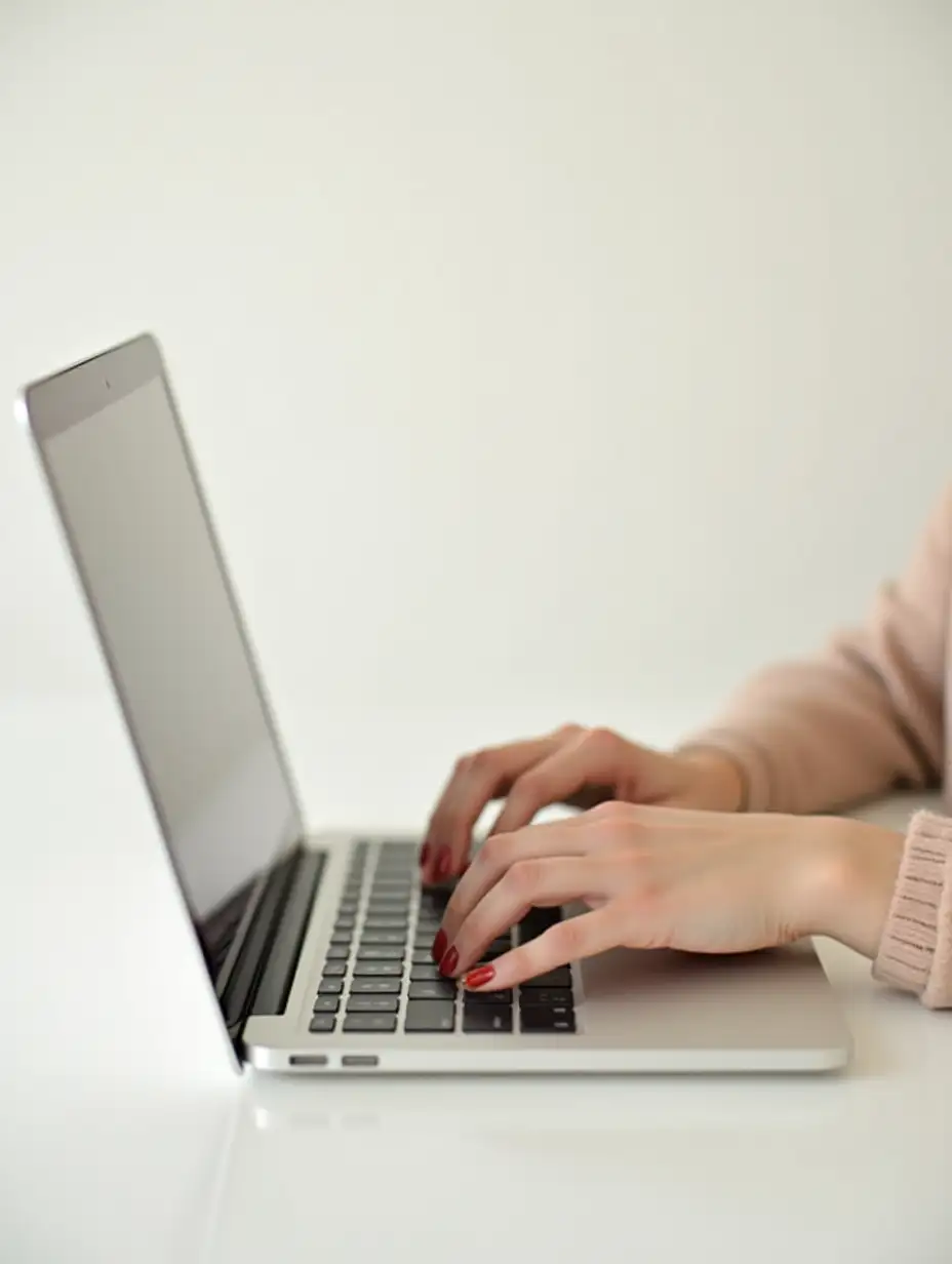 A minimalistic working space, preferably off white background, a partial female hand working on laptop on the Abaya shot set