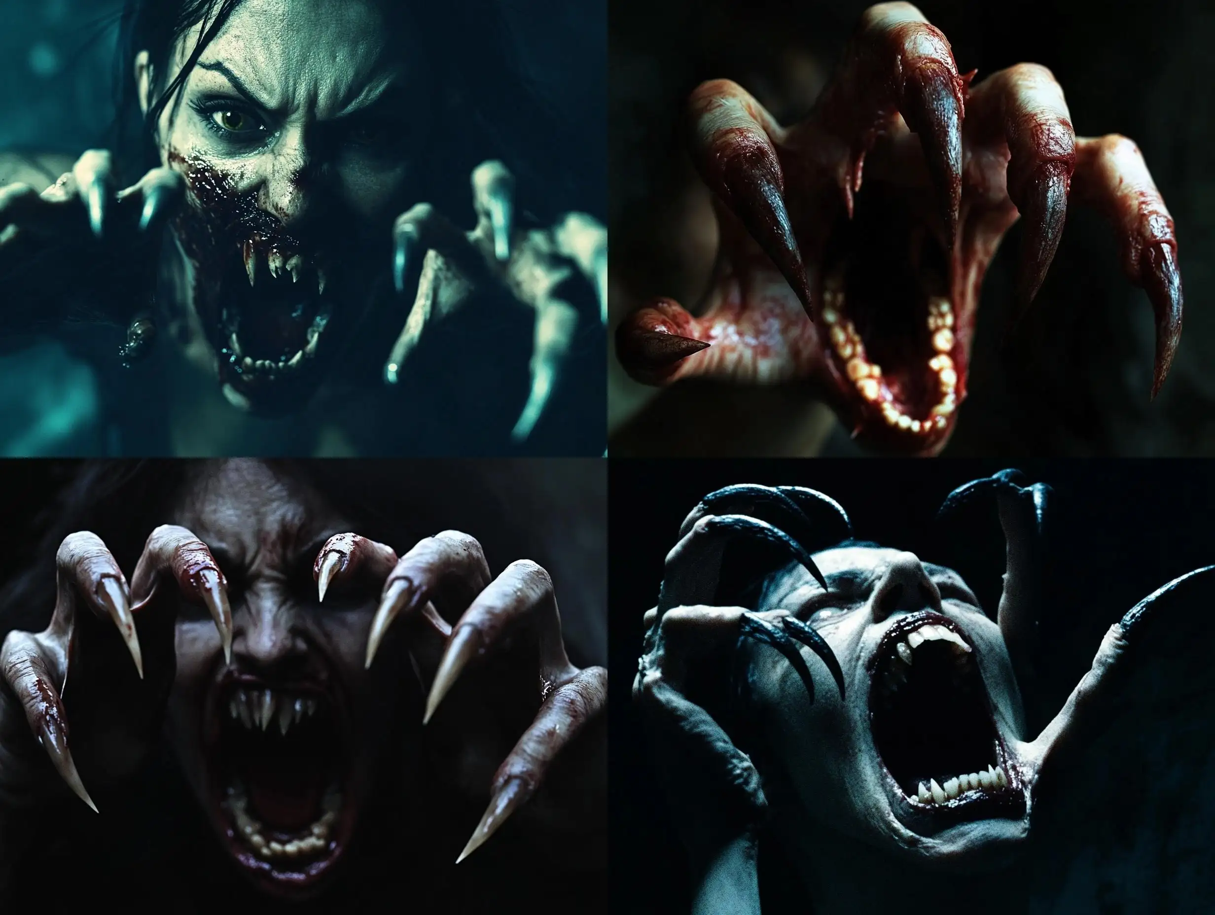 Terrifying-Zombie-Woman-with-Long-Claws-and-Fangs-in-Darkness