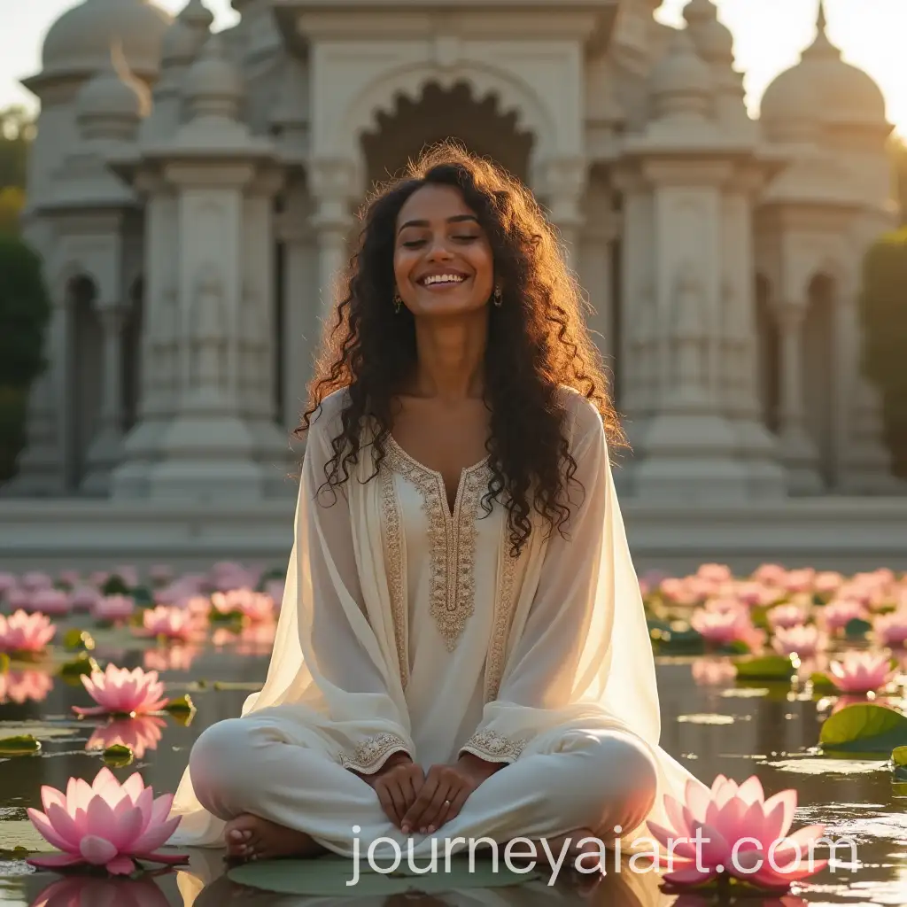 Beautiful-Indian-Woman-in-White-Salwar-Suit-at-Serene-Temple-with-Lotus-Pond