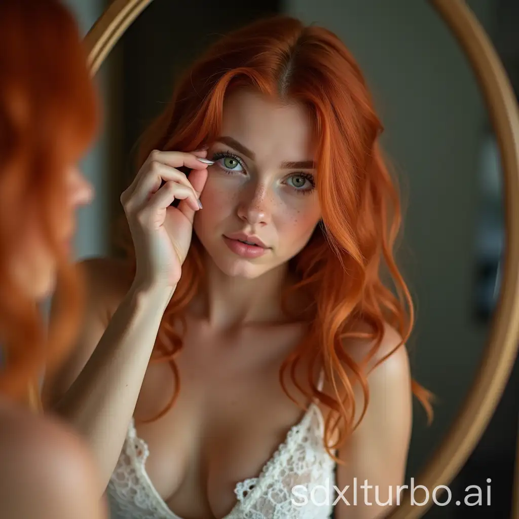 RedHaired-Girl-with-Freckles-Fixing-Contact-Lens-in-Front-of-Mirror