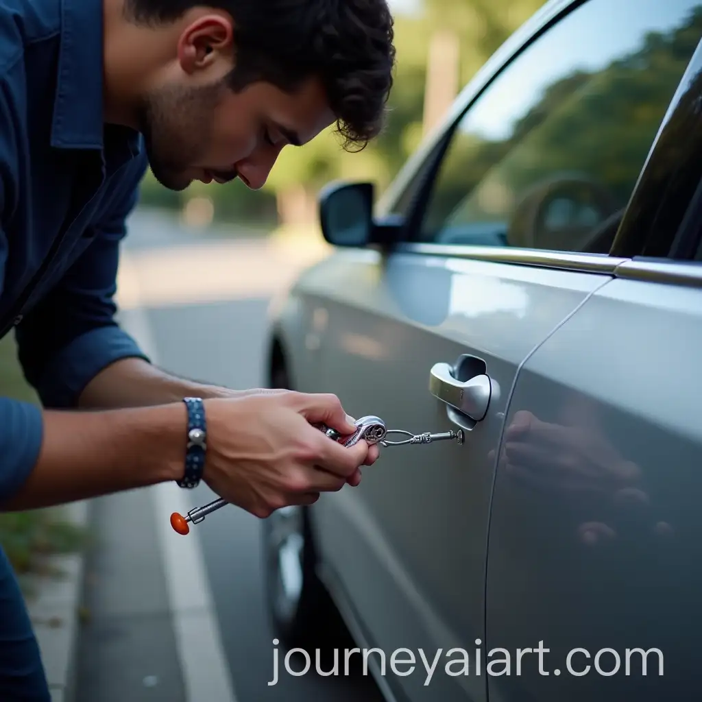 Person-Picking-a-Car-Door-Lock-in-Daylight