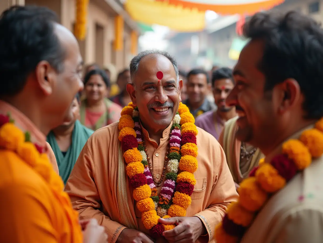 The minister being celebrated by the court, garlands around his neck, smiling faces, festive atmosphere with banners and musicians playing traditional instruments