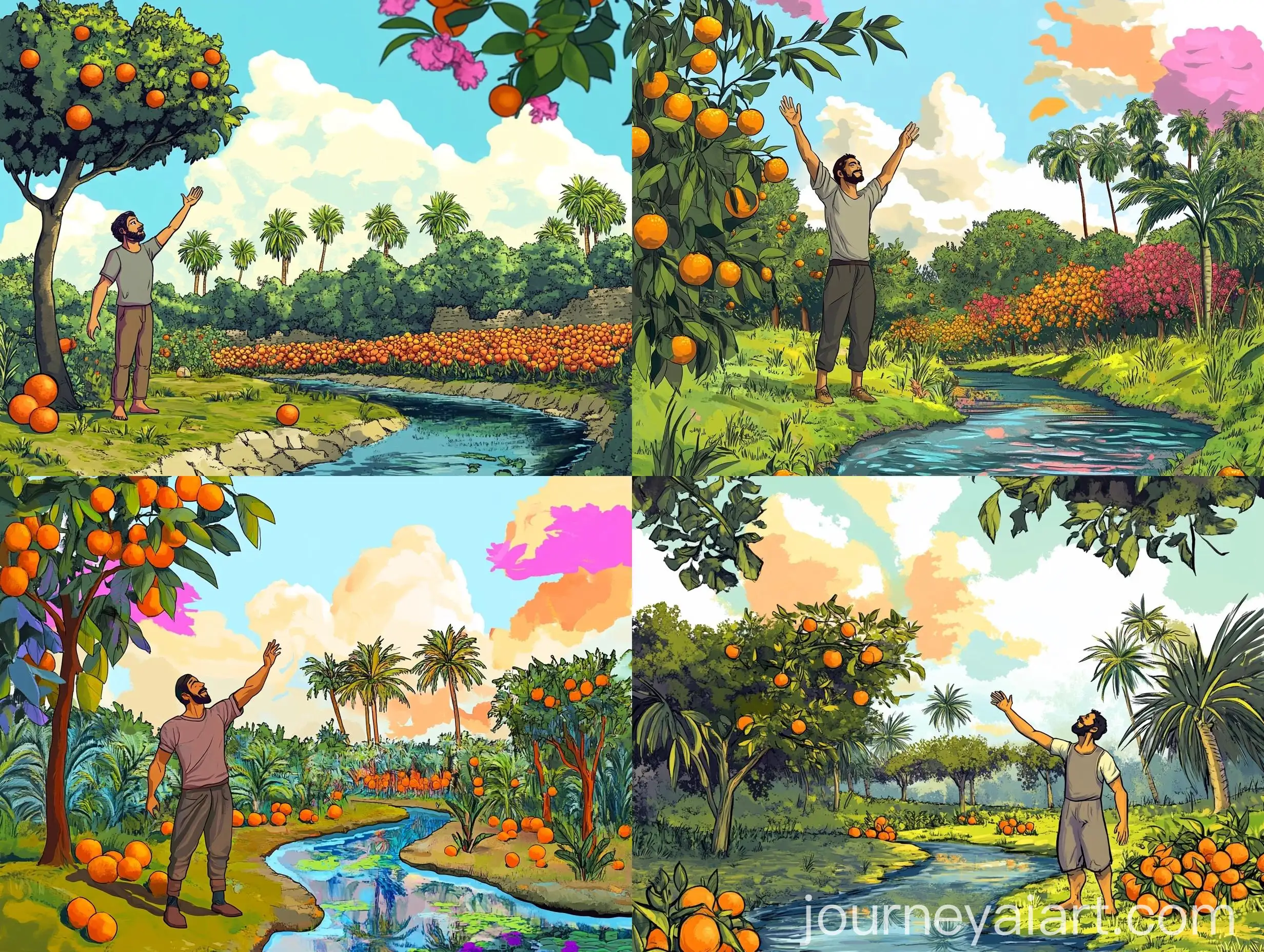 Comic-Style-Farmer-Standing-in-Vibrant-Field-with-Orange-Trees-and-Colorful-Sky