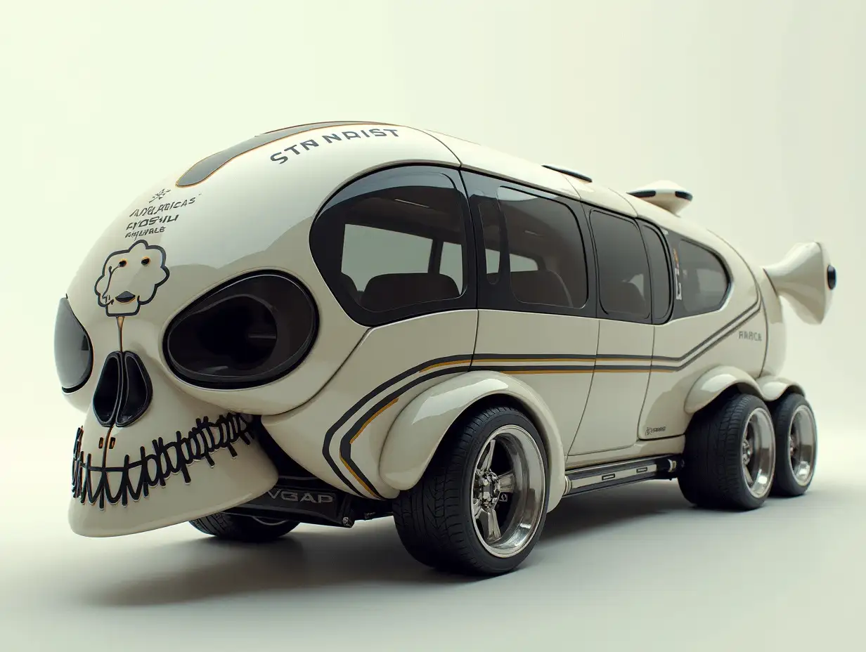 Supermodern utopian sports omnibus lowered body with skull, aluminum wheels, wide tires, cream black zig zag pattern science fiction