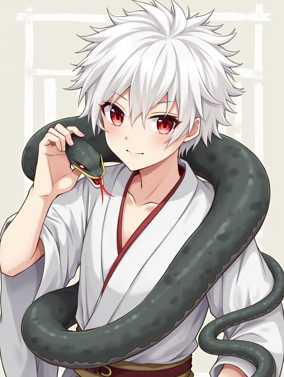 Snake, boy, white style hair, red eyes, anime, half human, half snake, kimono