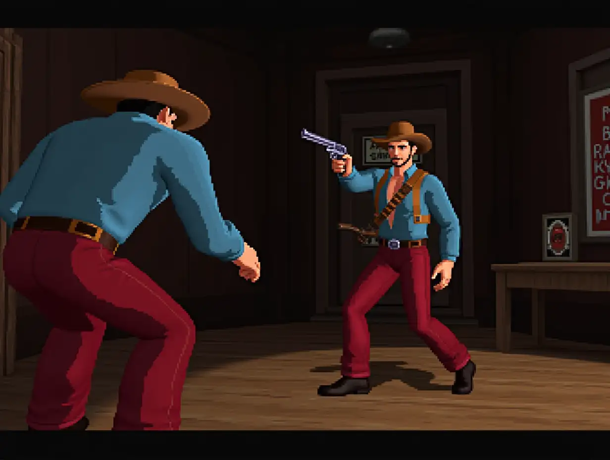 1990s 3D ps1 styled Gameplay screenshot for PlayStation featuring a 3D polygonal characters models of a cowboy in a hat blue long sleeve dress shirt red long pants with a colt and holster fights a wolfman in a museum 1990s 3D polygonal style video game 3rd person adventure game 3rd person 3D Beat em up 1990s graphics retro style game 3D 3rd person survival horror game 3d 1990s PlayStation Graphics of old 3d 1990s Graphics