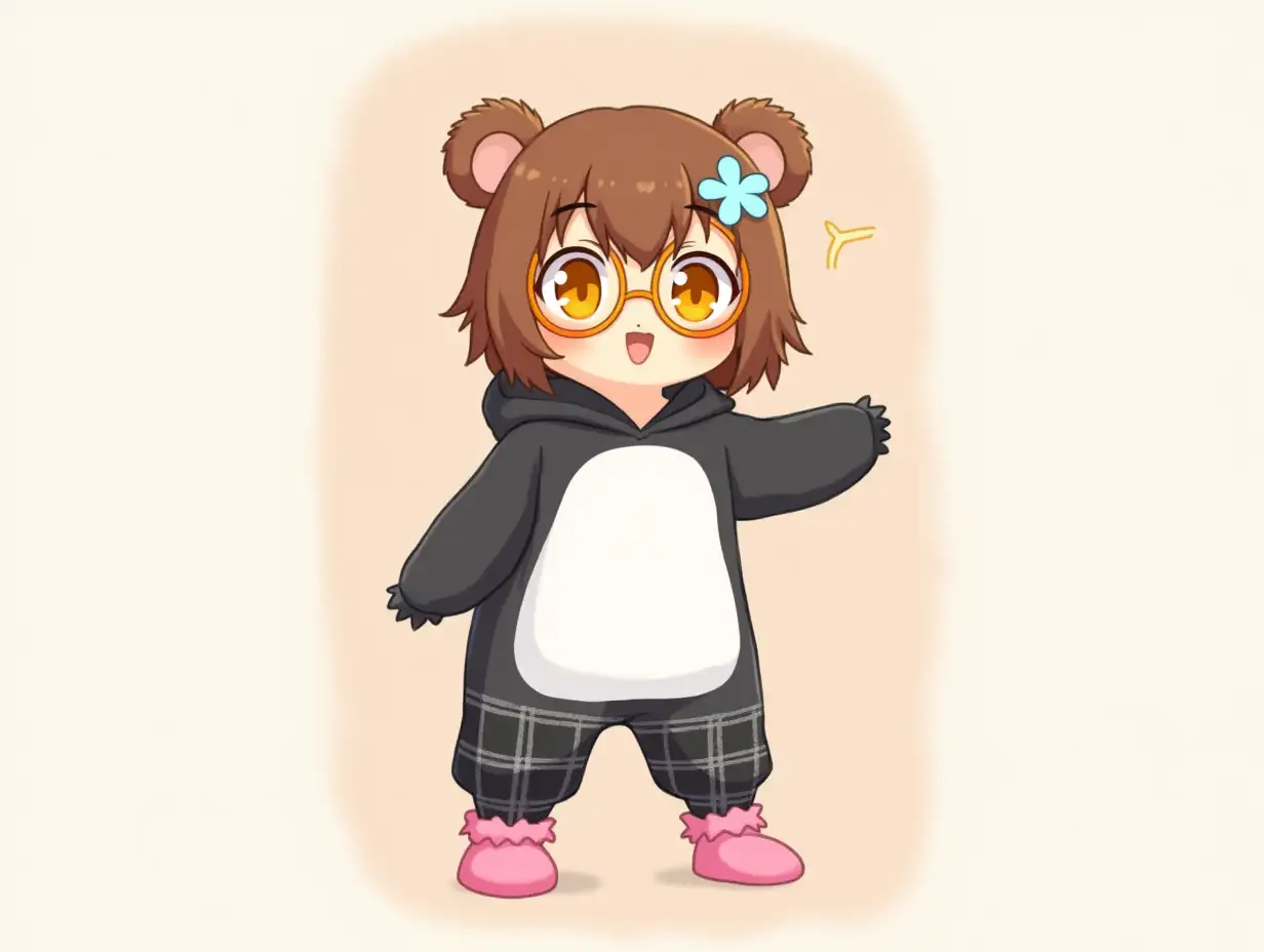 Female Humanoid Bear, who has fluffy brown bear ears short hair, caramel skin, peachy orange eyes, wears orange circle glasses, a light blue flower on her right ear, an oversize hoodie that looks like a penguin,black plaid pajama pants with drooping pink socks and pink fuzzy slippers.