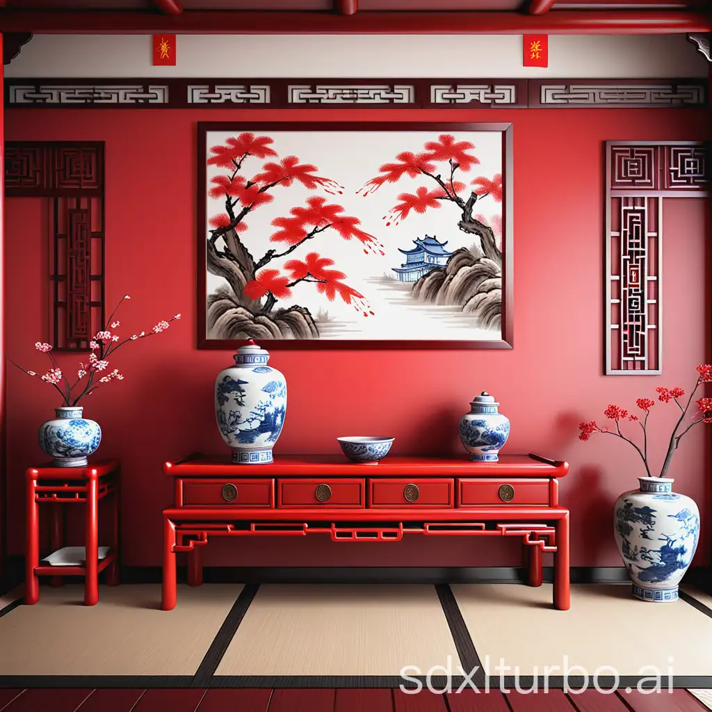 interior design effect graphics with traditional Chinese style, red wood furniture and Chinese painting