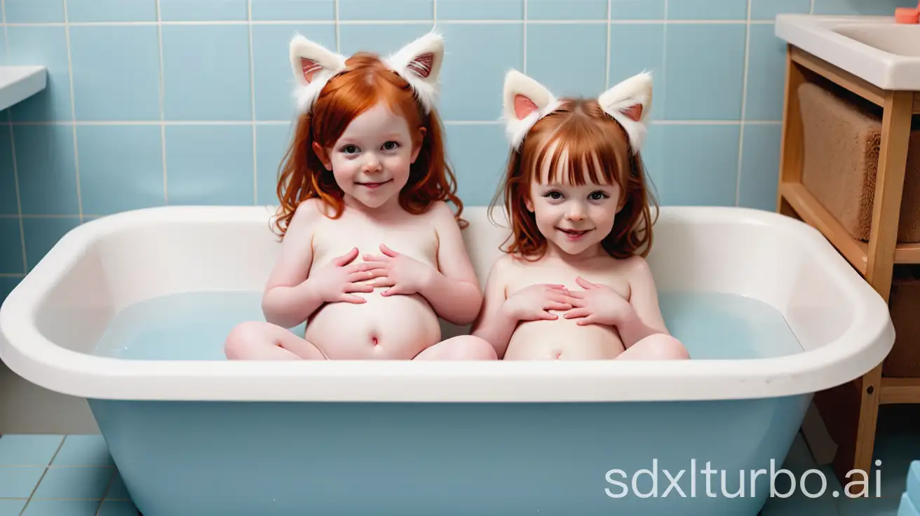 Two-Pregnant-Redhead-Girls-with-Cat-Fur-Ears-in-Preschool-Bathtub-Scene