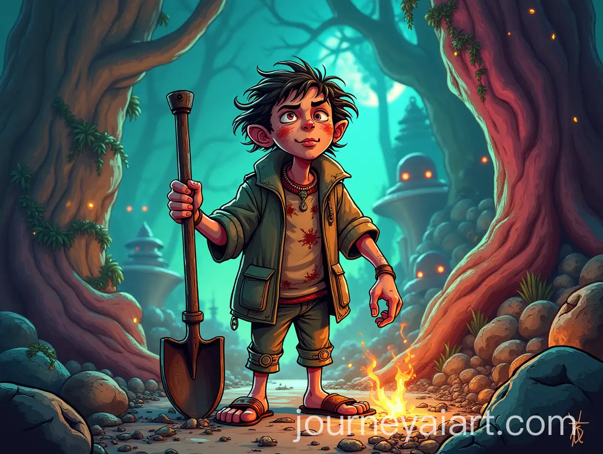 Whimsical-Fantasy-Treasure-Hunter-Fisher-with-Rusty-Shovel-and-Mysterious-Artifacts