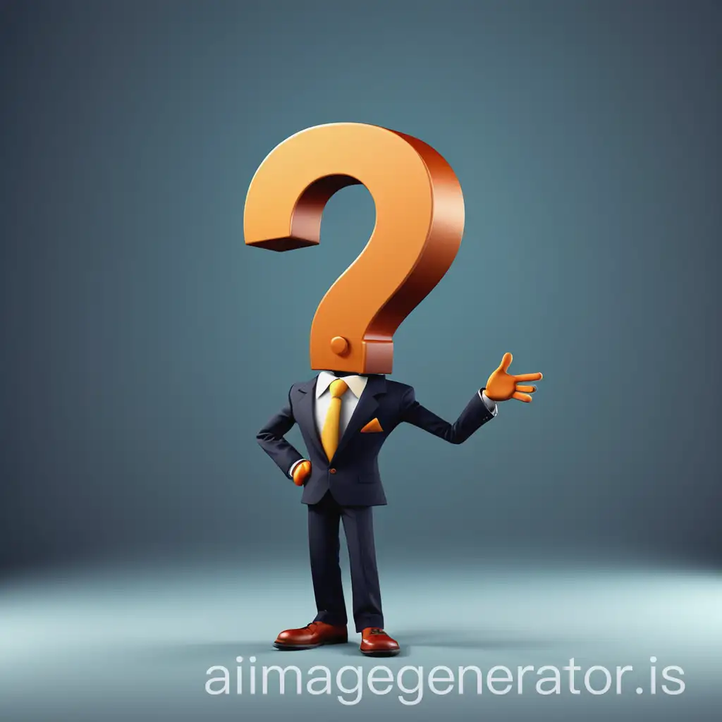 an animated question mark that speaks and is dressed as a presenter