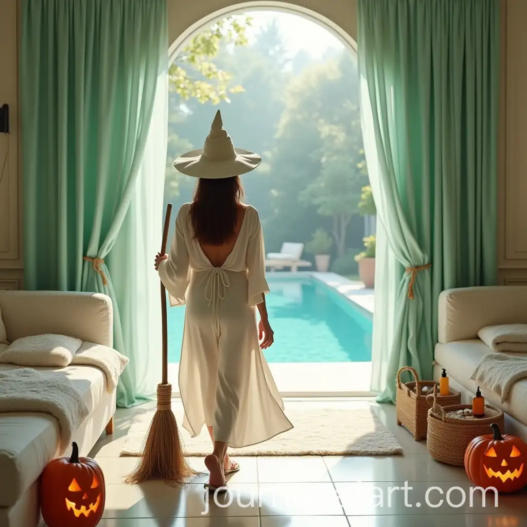 Witch-Entering-a-Serene-Spa-with-Halloween-Decor