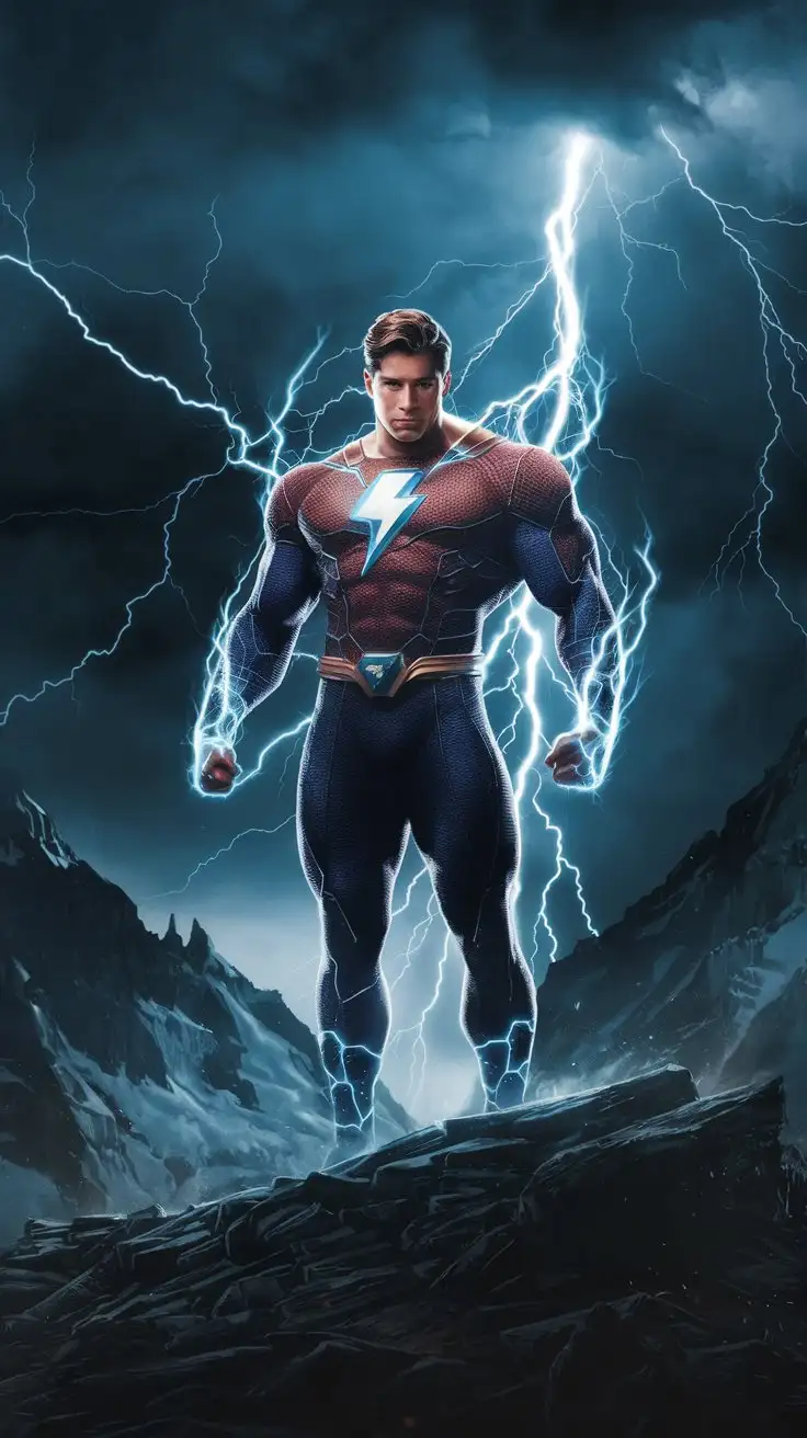 On a secluded mountain range. Supercharged brawn. Herculean powers. Blue electrical glow. 24-year-old superhero stands bellowing triumphantly in a lightning storm. Warrior of virtue. Hero of power. Man of destiny.