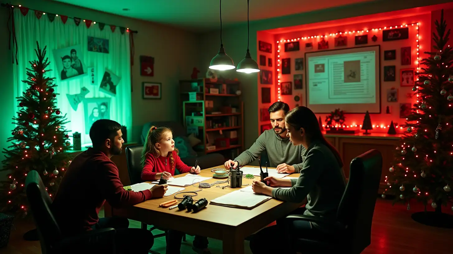 Family Planning Christmas Surprises in a Festively Decorated Command Center