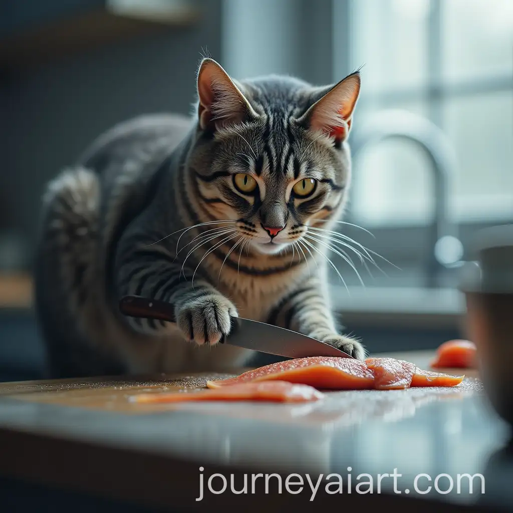 Grey-Tabby-Cat-Cutting-Fish-with-Knife-in-GlassTech-Kitchen