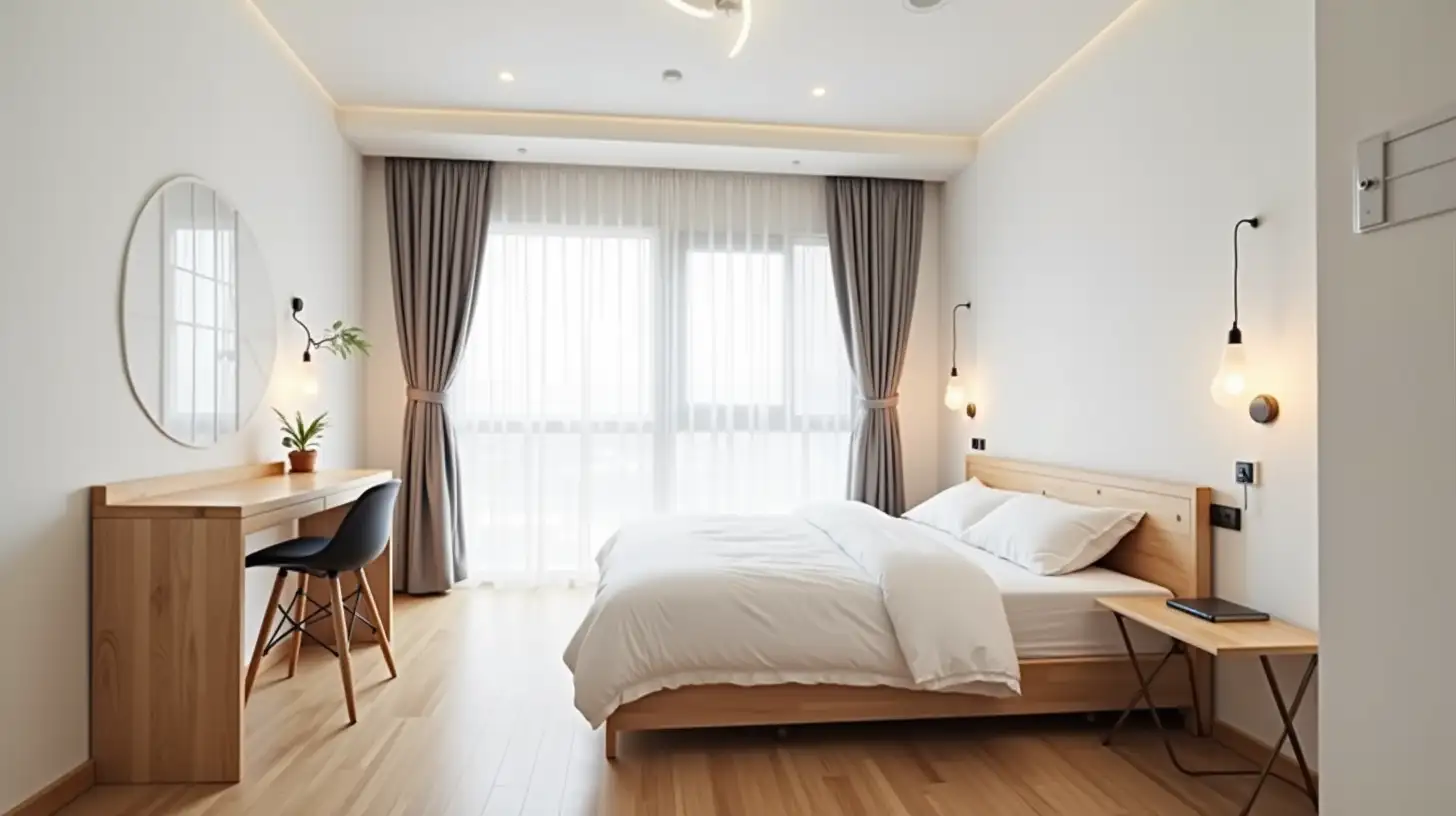 Modern Bedroom Interior Design with Bed Table and Bar Counter in White Space